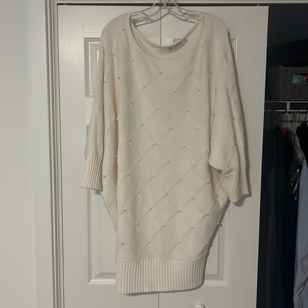 Cream NY&C sweater dress with pearl detailing